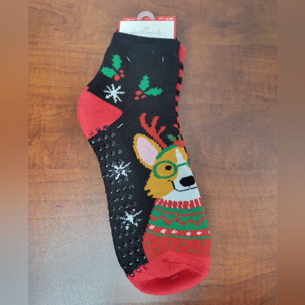 Hallmark Womens Festive Corgi & Red/Black Striped Socks With Grippers 2 Pair Nwt